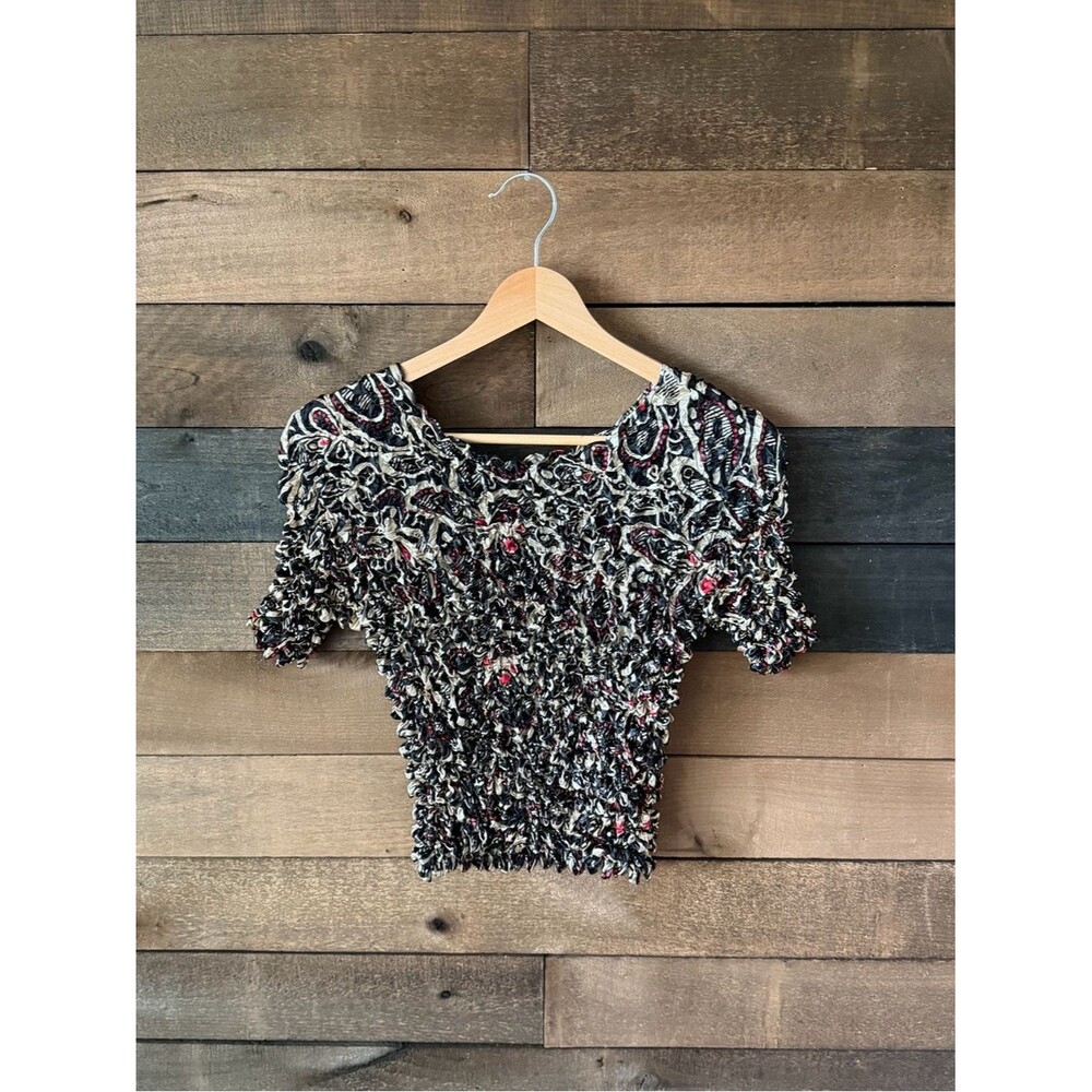 Y2K Popcorn Bubble Top Paisley Crinkle Stretch Shirt